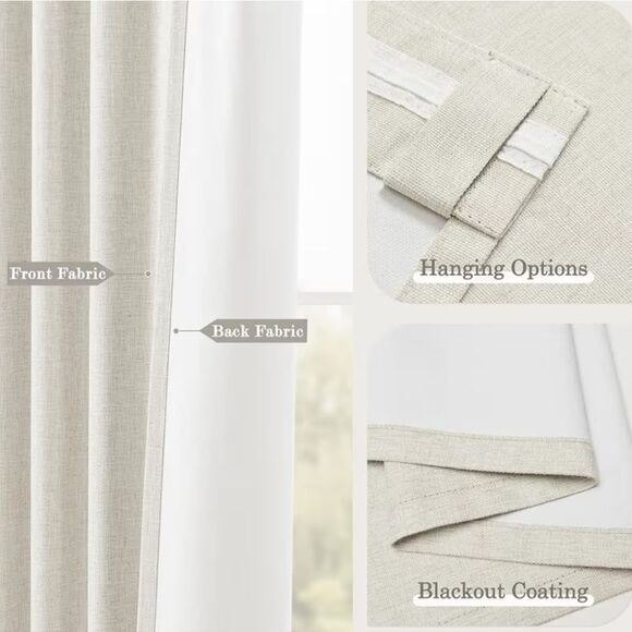 100% Blackout Curtains 102 inches Long Natural Linen Drapes 2 Panels Set - Picture 2 of 8